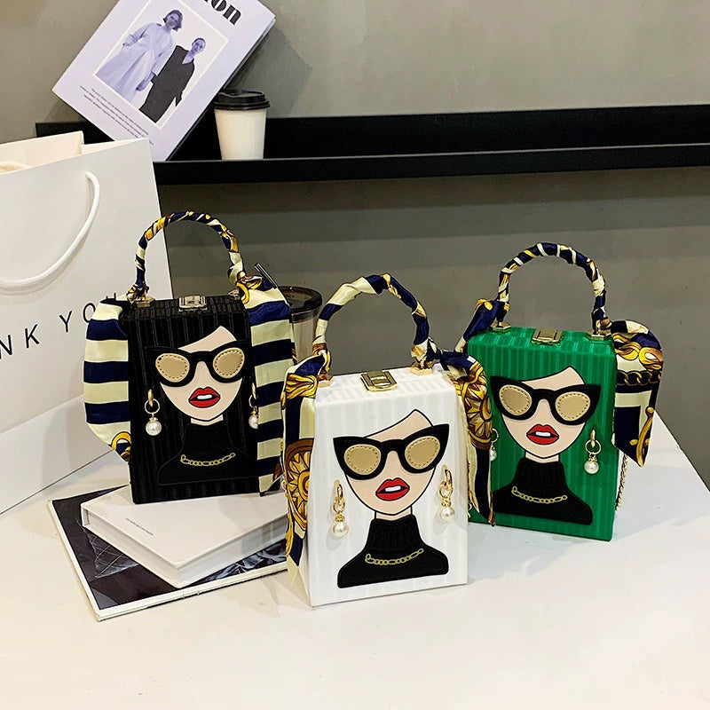 Unique 3D Lady Face PU Leather Funky Satchel Handbag